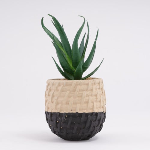 اصيص فخار بنقشة مع نبات صناعي - اسود وبيج 1