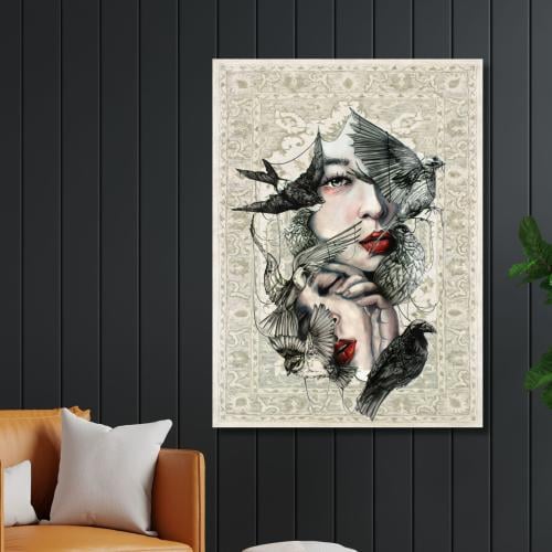 لوحة جدارية مطبوعة بخلفية سجاد وكولاج صورة وجه امر...