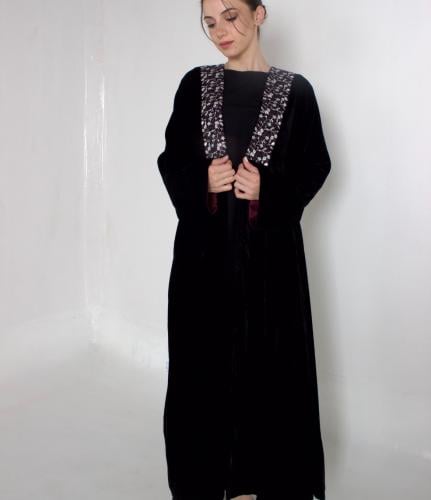 Black velvet abaya with Burgundy inner sleeves