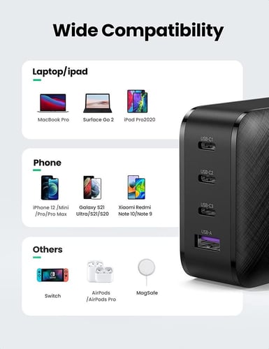 يوجرين - شاحن جداري GaN 65 واط 4 منافذ شحن سريع