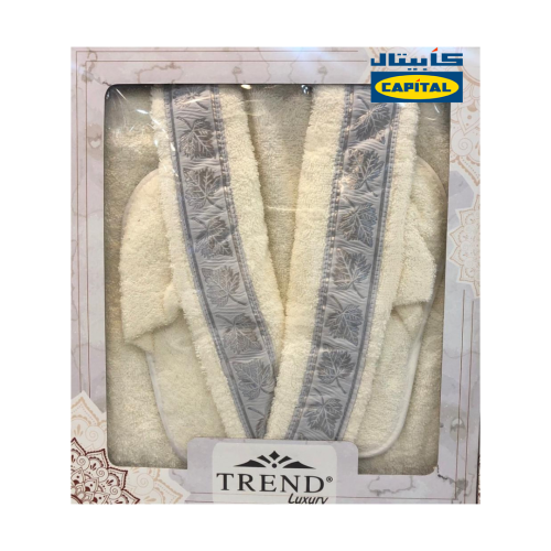 روب استحمام مطرز سميك 3 قطع-بيج بتطريز رصاصي