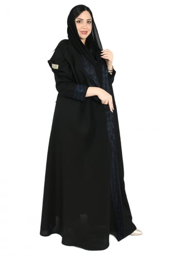 عباية كلوش كتان اسود بتطريز كحلي
