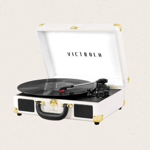 مشغل اسطوانات Victrola - ابيض وذهبي