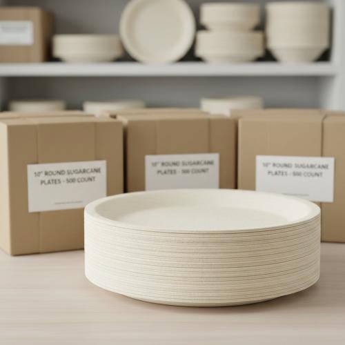 Round 10-inch plate of natural sugarcane – eco-friendly serving plates (500 pieces)