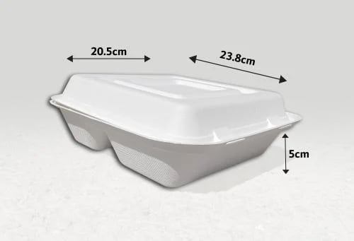 Shell lunch box made of sugarcane 1300 ml white 3 compartments with connected lid 250 pieces