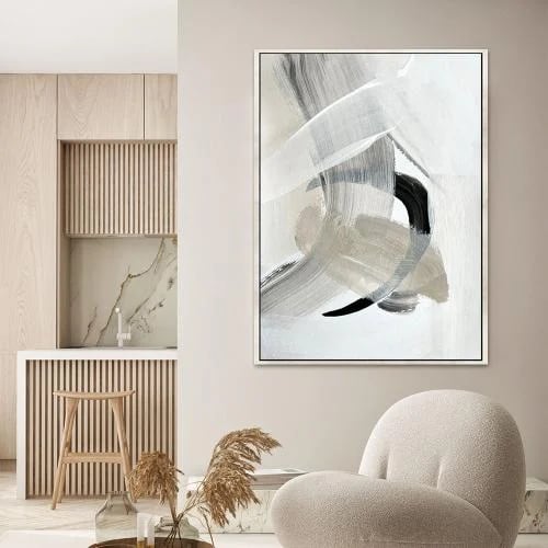 لوحة كانفس جدارية تجريدية بالوان أبيض ورمادي واسود _ تصميم عصري أنيق .
