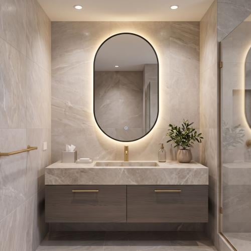 مرايه LED اسود مع زر مانع للضباب+مكبر 80X60 سم بيض...