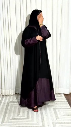 عباية أسود وبنفسجي نص كلوش كتان وكريب مشجر