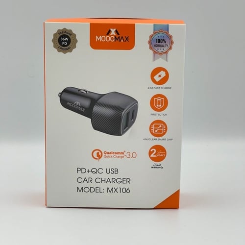 شاحن سيارة سريع بمنفذين PD-QC بقوة 36 وات-اسود