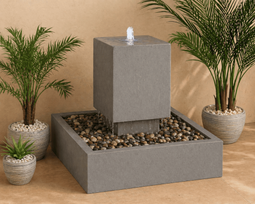نافورة مكعبة رمادي بتدفق علوي – تصميم عصري أنيق لل...
