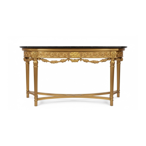 Wooden console with gold finish, black marble top...