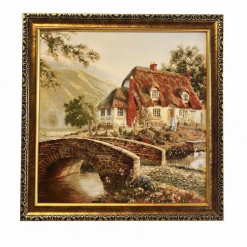 Rustic painting on porcelain with a gold frame – cottage and bridge