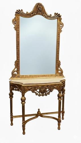 Classic wooden console set with mirror – decorated gold frame – marble surface – luxurious European design