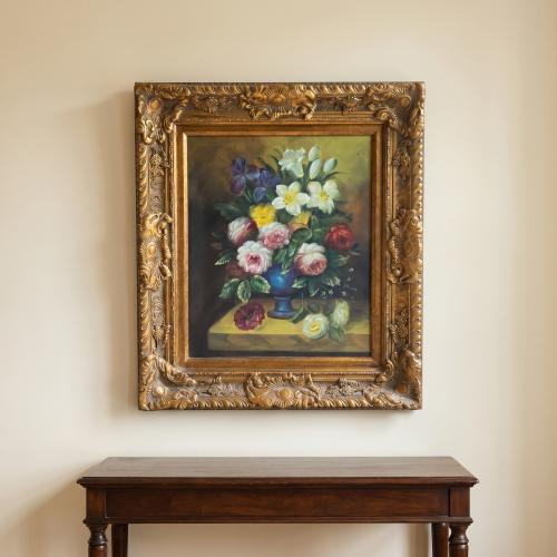 Oil painting of natural flowers with carved wooden...