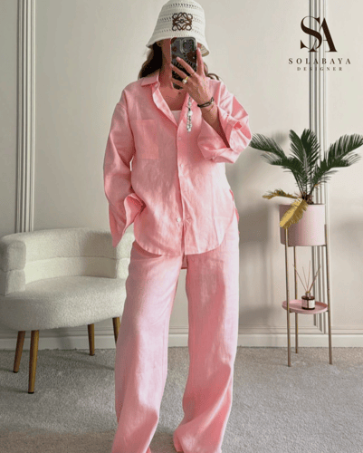 Baby pink ست لينن طبيعي بلون