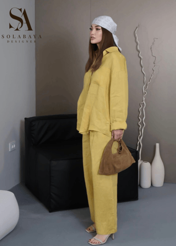 ست لينن طبيعي باللون الاصفر