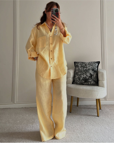 Butter yellow ست لينن طبيعي بلون