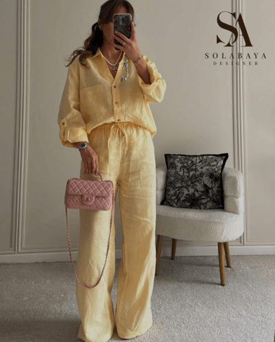 Butter yellow ست لينن طبيعي بلون