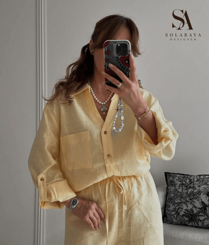 Butter yellow ست لينن طبيعي بلون