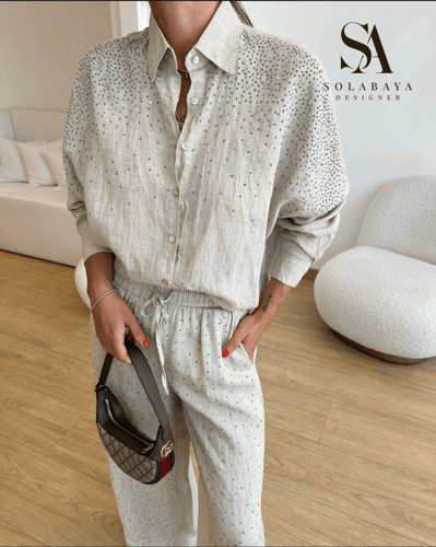 ست لينن طبيعي كلاسيك مع فصوص سواروفسكي