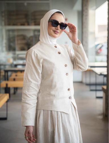 بدلة لينن طبيعي من قميص وتنورة أنيقة وساترة للمحجب...