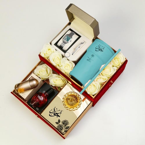 هديه نسائي طقم ساعه مع كوب مق الوردي ومبخره وميني...