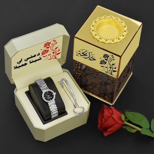 هديه نسائية طقم ساعه فاخره مع اسوراه زركون وخاتم و...