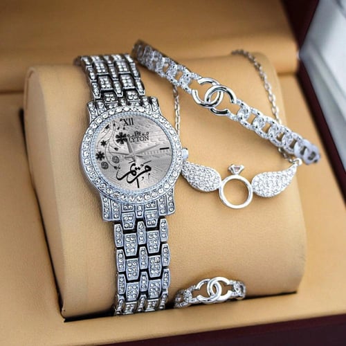 هديه نسائي طقم ساعه سهرات زركون مع الاكسورات تصميم...