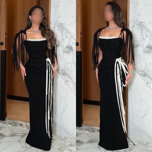 فستان اسود راقي قماش كريب +باربي تطريز
