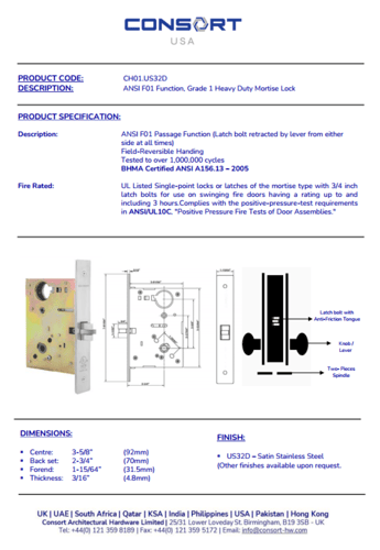 قفل باب امريكي CONSORT CH01 US32D