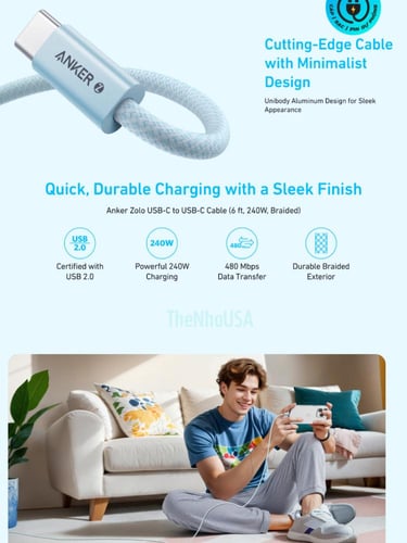 كابل أنكر USB-C إلى USB-C بقوة 240 واط أسود