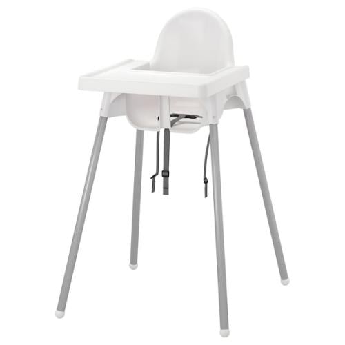 Children's plastic high dining chair with tray, white and silver color