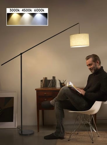 Black modern floor lamp with marble base and tri-color LED bulb, tilted, height 175 cm, arm length 129 cm – contemporary lighting...