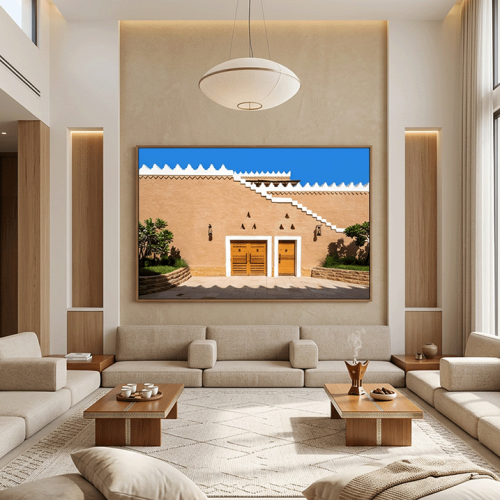 ظل الطين — لوحة عمارة نجدية عرضية طيني وأزرق