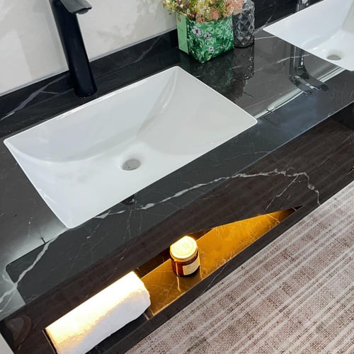 مغسلة حوضين أسود مع اضاءة ليد بورسلان قياس 150سم