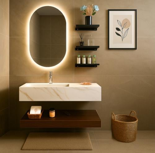 مغسله بورسلان 100 سم حوض شلال مع رف بني ومرايا مضي...