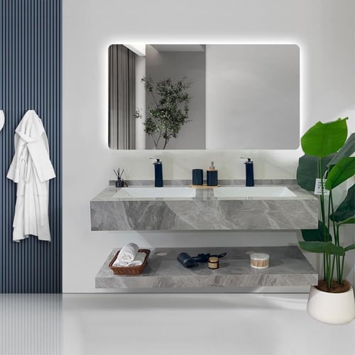 مغسلة رخام صناعي حوضين بورسلان رمادي 150 سم