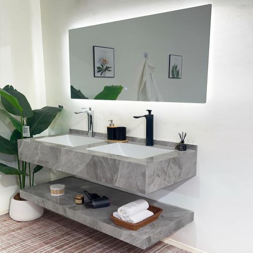 مغسلة رخام صناعي حوضين بورسلان رمادي 150 سم