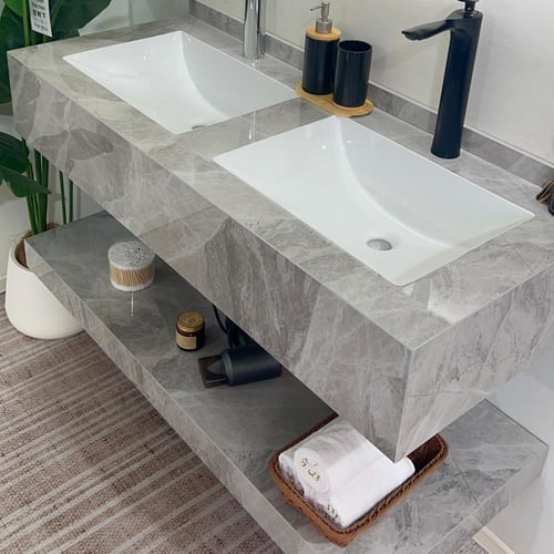 مغسلة رخام صناعي حوضين بورسلان رمادي 150 سم