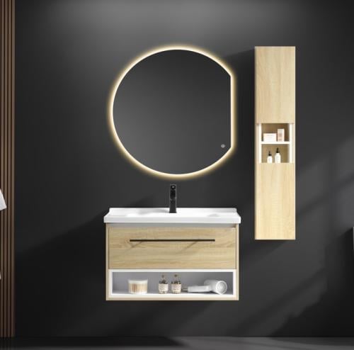 مغسلة ديكور خشبية مع صيدلية جانبية ومرايا مضيئة قي...