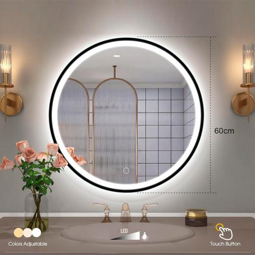 مرآة دائرية جدارية بإطار أسود مع إضاءة LED بـ 3 أل...