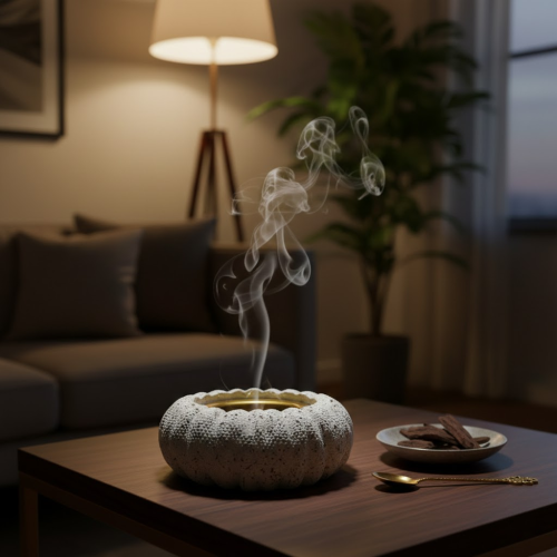 Round square-shaped engraved incense burner white