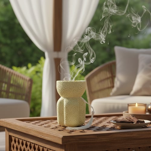 Concrete incense holder with a decorated design, with a chain and a touch of gold