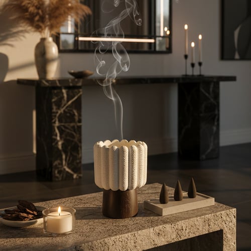 Concrete incense holder with a wavy design and a t...