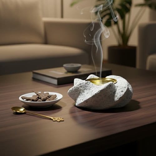 Concrete incense holder with an irregular flower d...