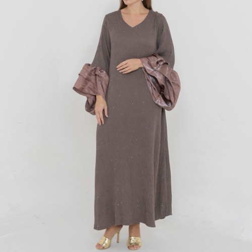 Ladies puffy sleeves dress crepe fabric with glitt...