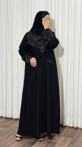 Elegant abaya with embroidery, ceramic fabric, half culottes