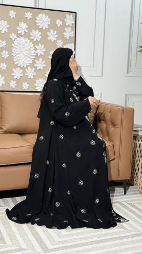 Black abaya with delicate embroidered floral details, royal fabric, made in Vietnam