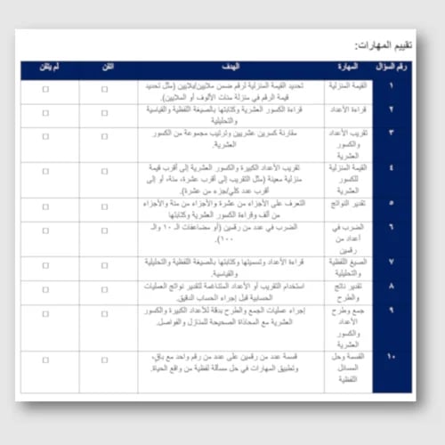 اختبار تشخيصي قبلي رياضيات خامس ابتدائي مع بطاقة ت...