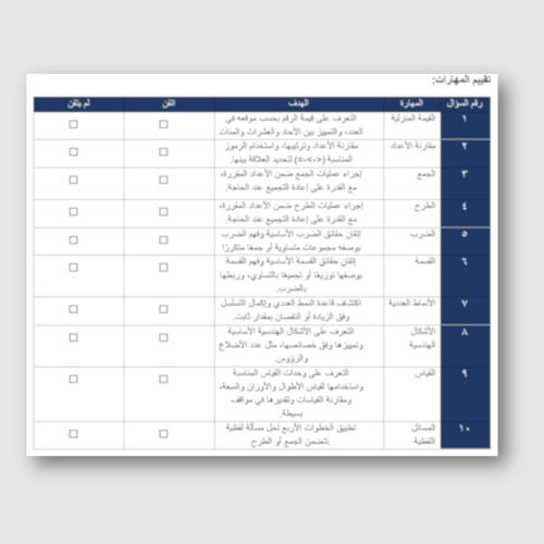 اختبار تشخيصي رياضيات ثالث ابتدائي مع بطاقة تقييم...